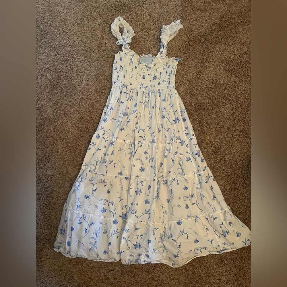 Hill House White Sundress with Blue Floral Print